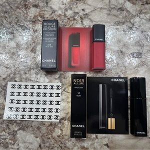 Chanel samples. 818 True Red, Nior 10, and set of CC black nail stickers.